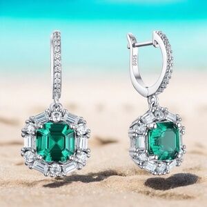 Emerald Earrings Solid Sterling Silver 925 , May Birthstone , 20th anniversary